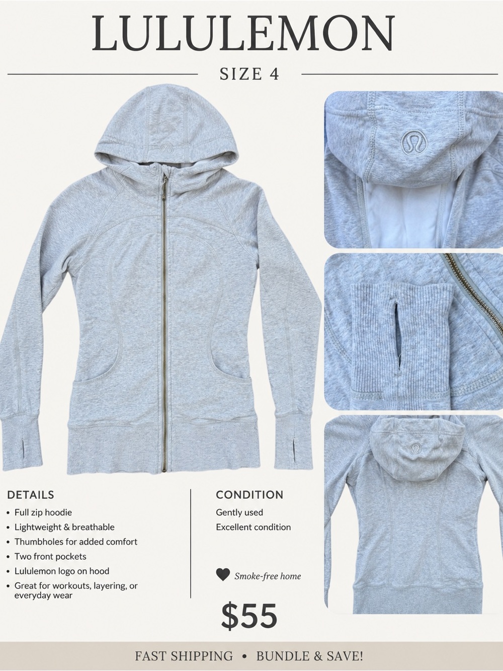 lululemon athletica Light Gray Full-Zip Hooded Jacket